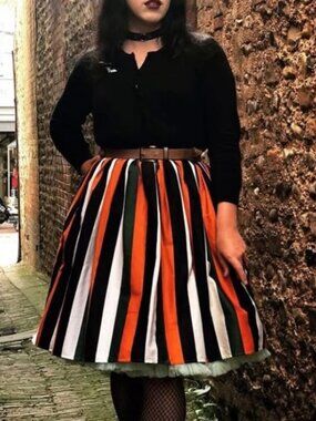 Collectif Jasmine Pumpkin Stripe Skirt XL Orange Green Black Full Circle Retro